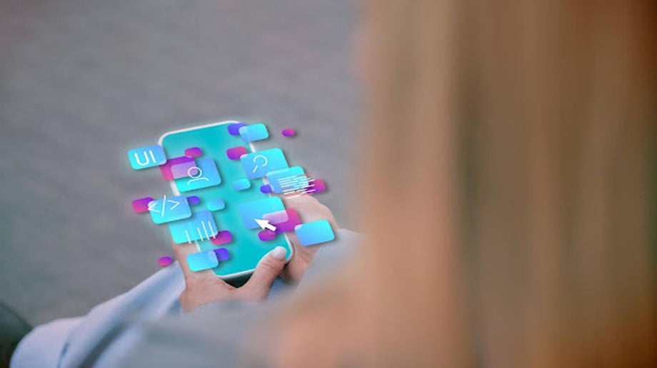 Woman holding futuristic phone 