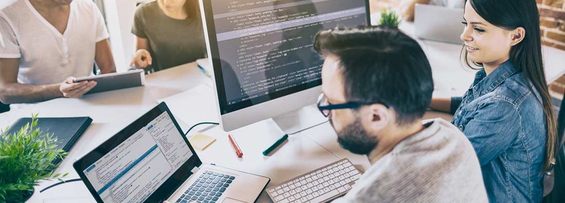 Programmers working in a software business office.