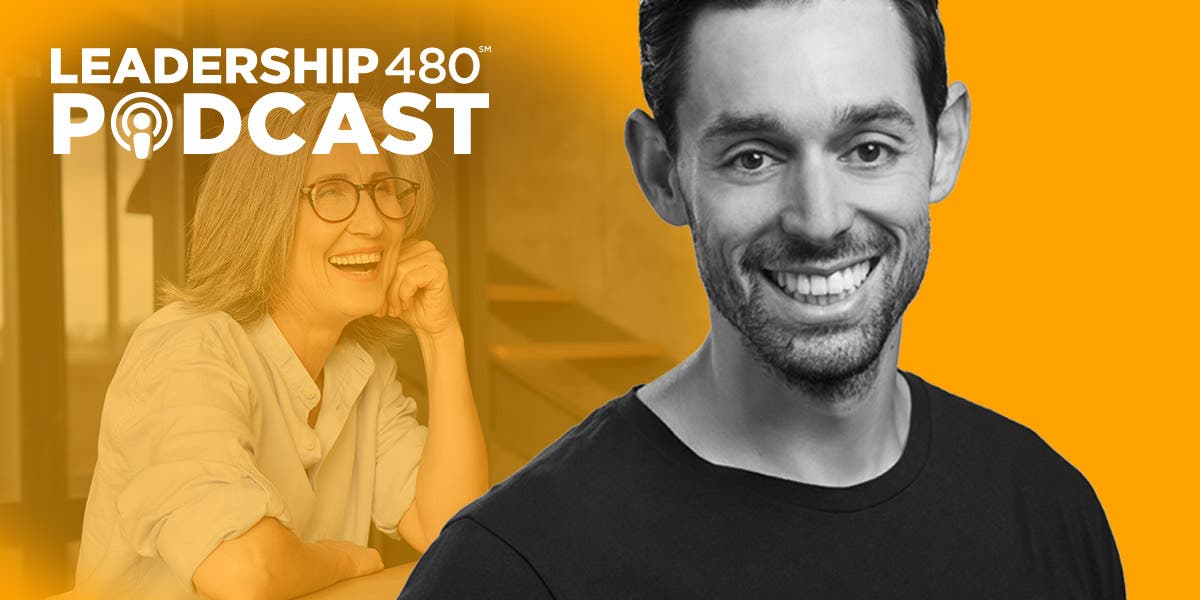 image of Jacob Morgan, the guest on this leadership 480 podcast episode, with a smiling woman leader in the background to show that this podcast topic is about creating authentic leadership