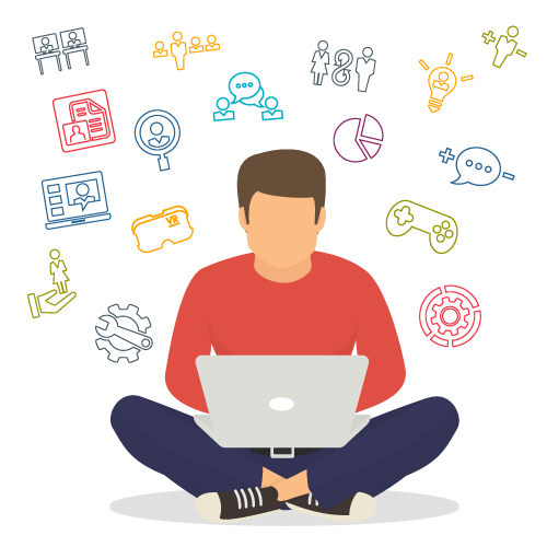 Illustration of a person sitting cross-legged with their laptop and icons around them showing a range of short microlearning options that are part of a learning journey?auto=format&q=75