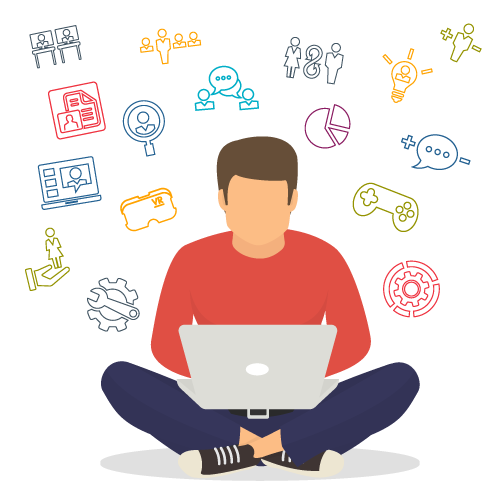 Illustration of a person sitting cross-legged with their laptop and icons around them showing a range of short microlearning options that are part of a learning journey?fm=webp&q=75