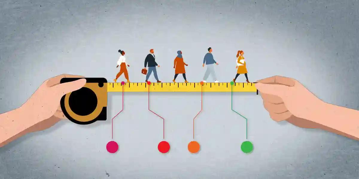 hands holding a measuring tape with professionals walking across it, each connected to colorful measurement indicators below, representing measuring results of leadership development