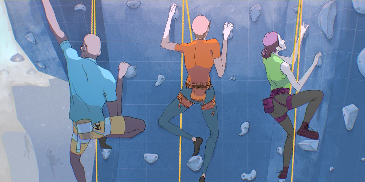 illustration of three people climbing an indoor rock climbing wall, with all three people using climbing equipment tethered with a yellow rope, rock climbing is a metaphor for the challenges companies face in having CEO succession planning conversations, including reviewing CEO bench strength
