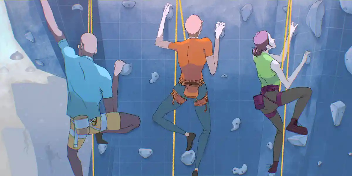 illustration of three people climbing an indoor rock climbing wall, with all three people using climbing equipment tethered with a yellow rope, rock climbing is a metaphor for the challenges companies face in having CEO succession planning conversations, including reviewing CEO bench strength