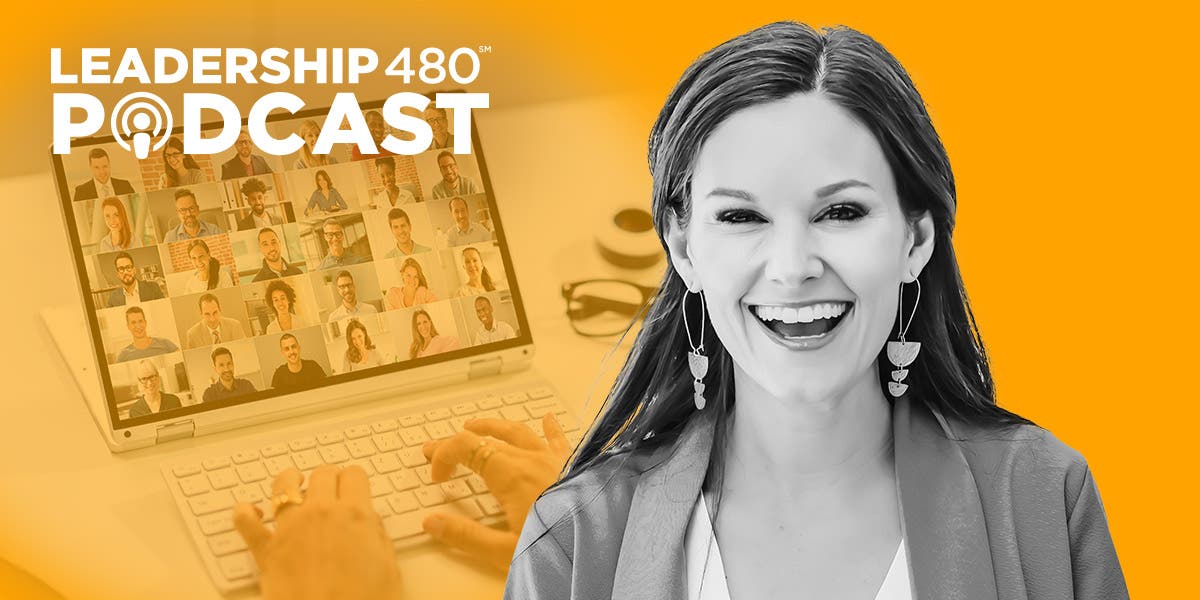 headshot image of Erin Diehl with a photo of a person's hands typing on a keyword with a virtual call happening in the background to show that this podcast will answer: how do you engage a hybrid team?