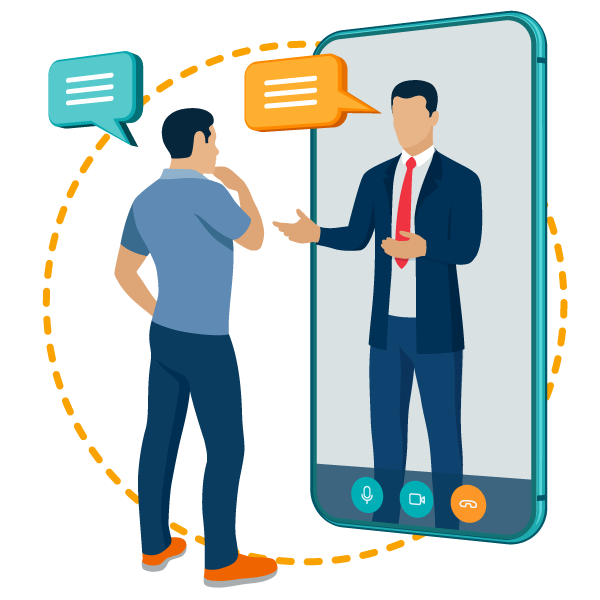 illustration of a leader speaking with an executive coach on a mobile phone surrounded by a circle?auto=format&q=75