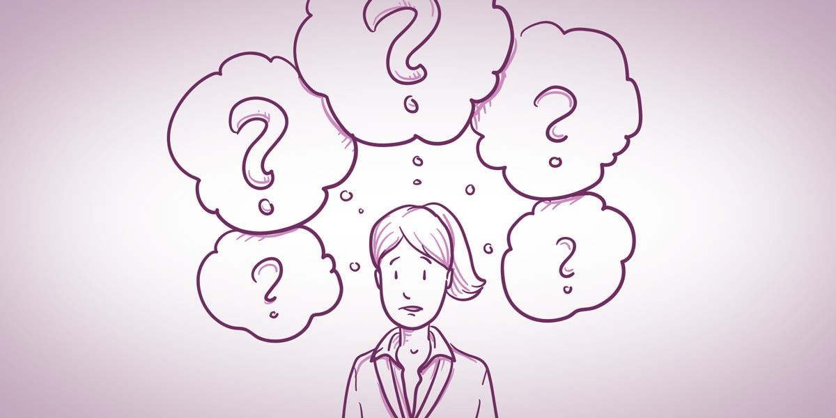 illustration of a first-time woman leader with thought bubbles surrounding her head that include question marks to show this blog is giving first time manager advice and tips for how to be a manager for the first time