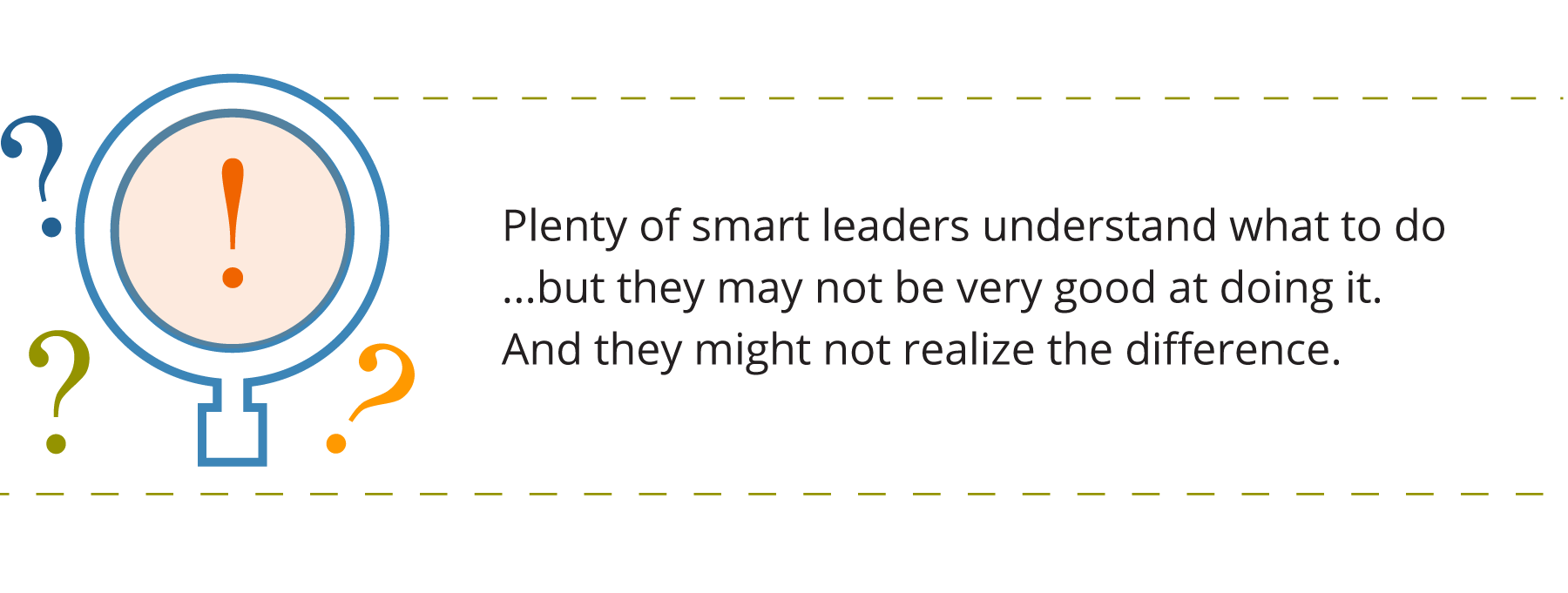 Graphic of a magnifying class with an exclamation point inside, and question marks around it. Accompanied by quote about leadership assessment types, which says 