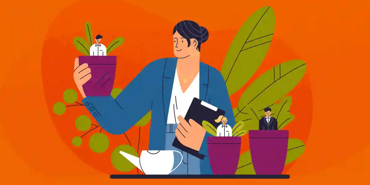 illustration of a woman business professional watering three potted plants with man and woman business professionals "growing" out of the pots to show this blog is about how to identify and grow emerging leaders in the workplace