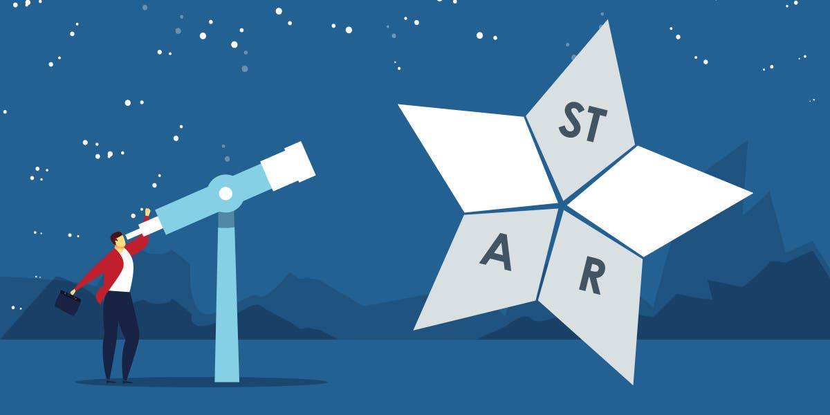 Illustration of man looking into telescope at night to find out the answer to "What is the STAR format," and spotting a star with the letters on it: ST for situation or task; A for Action; and R for result