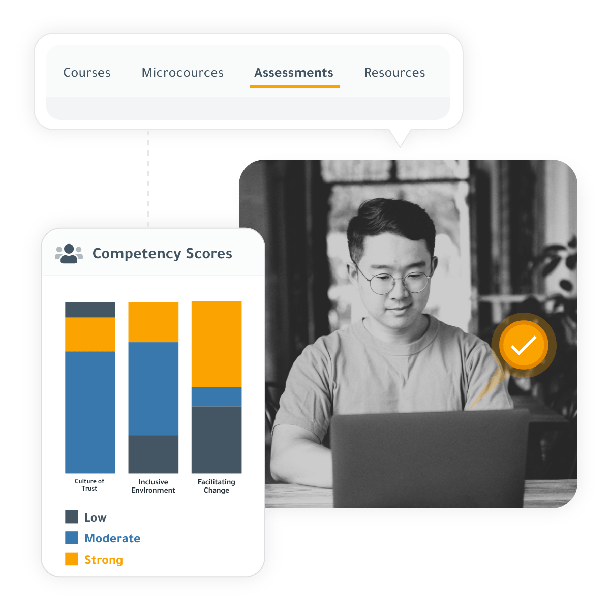 man leader looking happily at this laptop with his DDI leadership assessment scores, beside him a graphic that shows his competency scores in leadership skills surrounding creating a culture of trust, an inclusive environment, and facilitating change?fm=webp&q=65