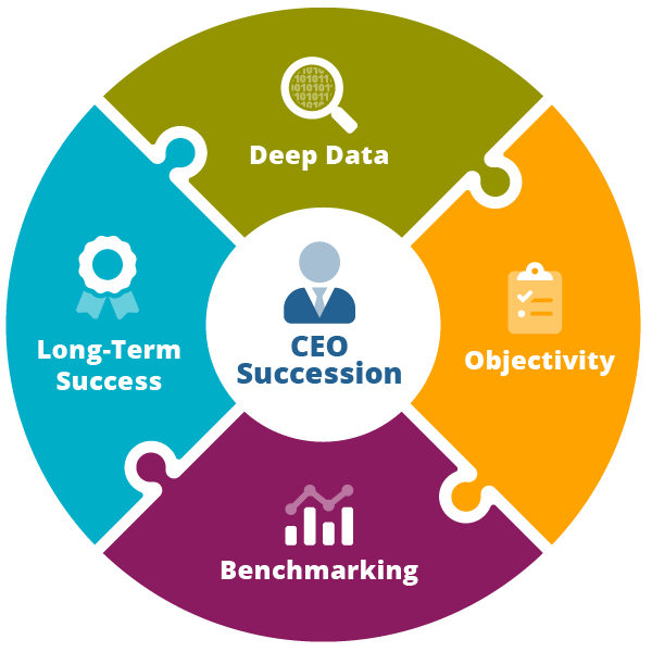 wheel with each aspect of DDI's CEO succession approach fitting together as puzzle pieces around the wheel, including puzzle pieces for deep data, objectivity, benchmarking, and long-term success ?auto=format&q=75