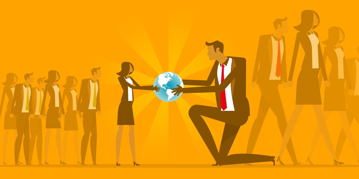 illustration of a woman leader on one side holding one side of a globe, with the other side being held by a male leader to show this blog is about best practices for developing the next generation of leaders