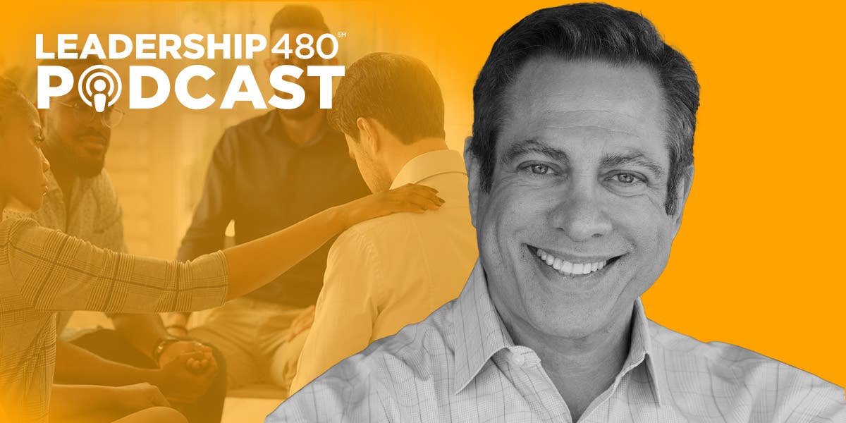 image of a team at work, with one person on the team comforting another person, beside an image of David Kessler, DDI's guest on this episode the the Leadership 480 podcast, to show this episode is about how to handle grief at work