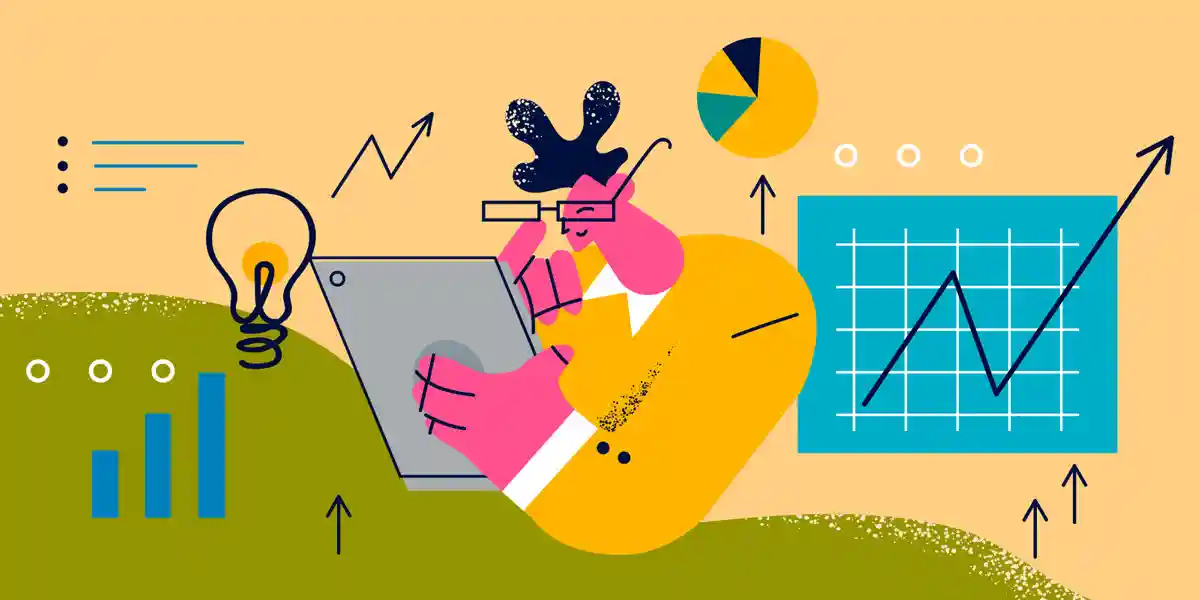 illustration of a cartoon leader doing a leadership skills assessment on a tablet, surrounded by data: bar charts, pie, charts, and time series plots