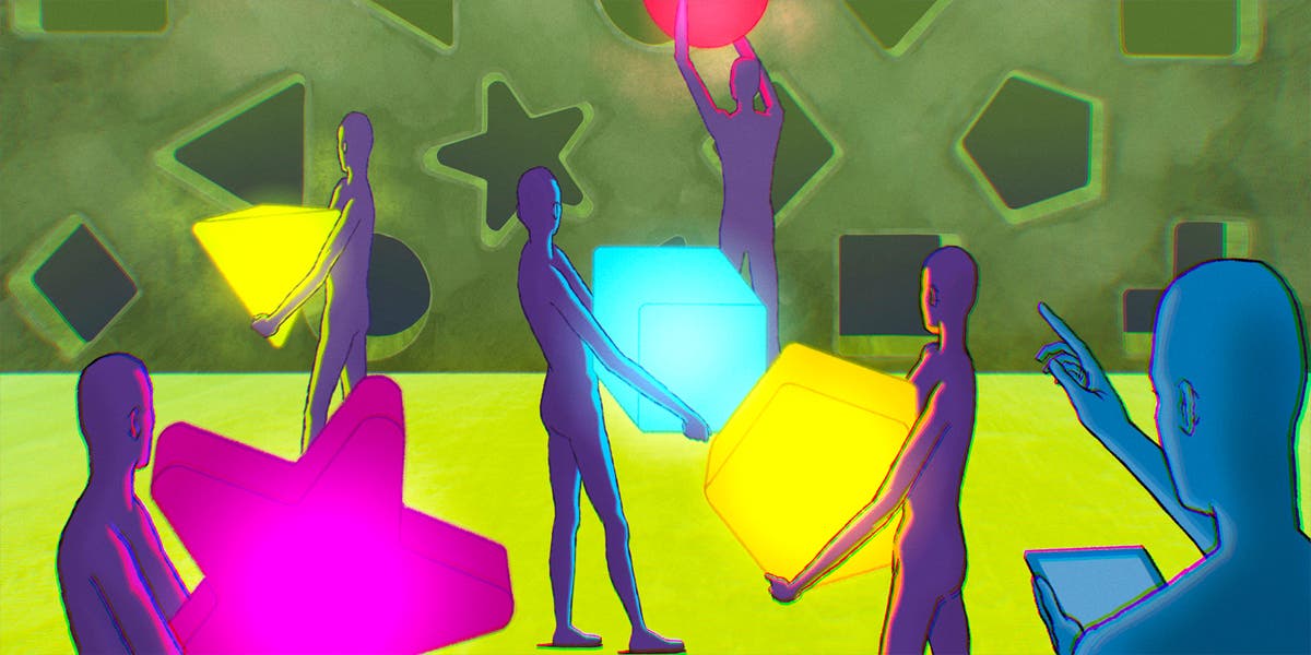 illustration of people holding different sized large shapes, walking toward a puzzle wall where they are fitting their appropriate shape into the appropriately-fitting open slot for their shape, a metaphor for delegating work effectively and the important skill this is for leaders to get right