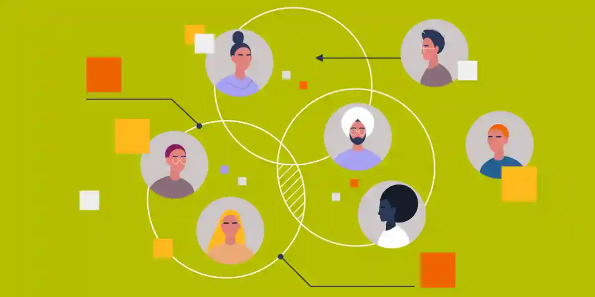 illustration of circles with diverse leaders faces and arrows and larger circles connecting the smaller circles showing this blog is about how executives can optimize team structure