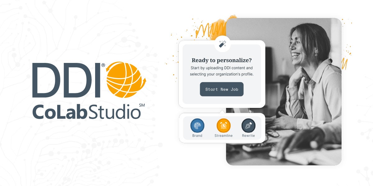 CoLab logo with CoLab image of woman smiling and looking at the personalization tools she can use customize leadership content.
