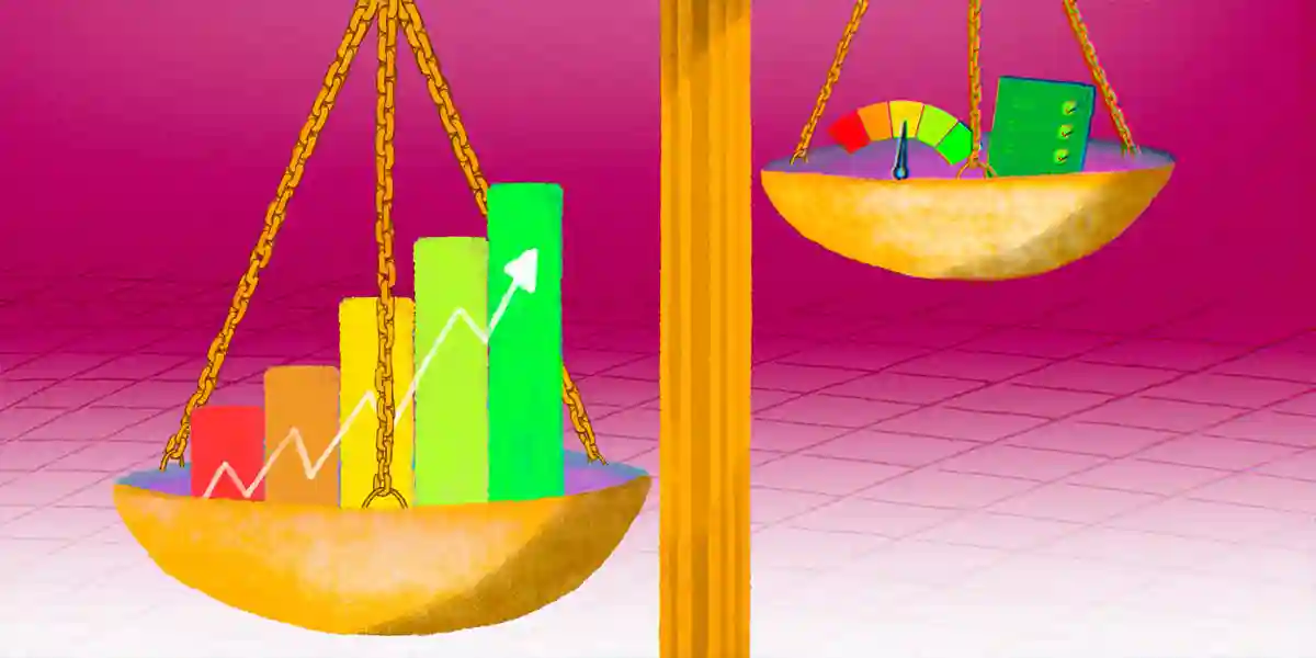 Illustration of a scale shows how increased revenue, represented by a bar graph trending upwards, outweighs metrics like completion rates and satisfaction scores, represented by a sliding scale with pointer and checklist. Measuring the ROI of leadership development requires linking programs to the bottom-line results. 