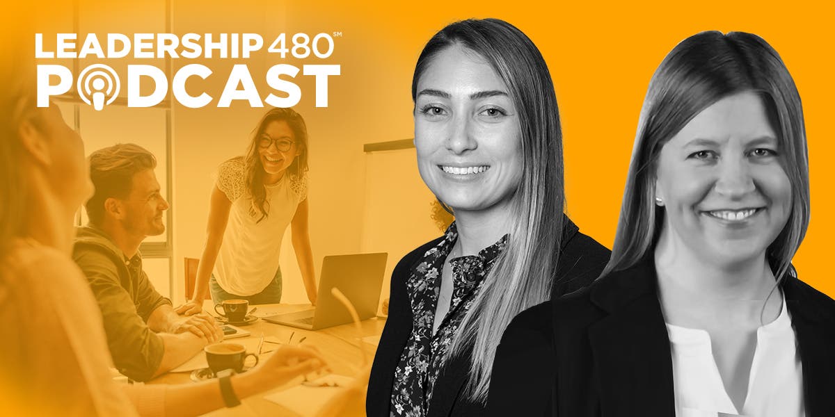 headshot images of Emily Shaffer and Stephanie Neal with a photo of three teammates working together in the background, with the leader of the team standing up, smiling at her team to show that this podcast episode is about tips of leader connectedness and why it's important to teams in the workplace