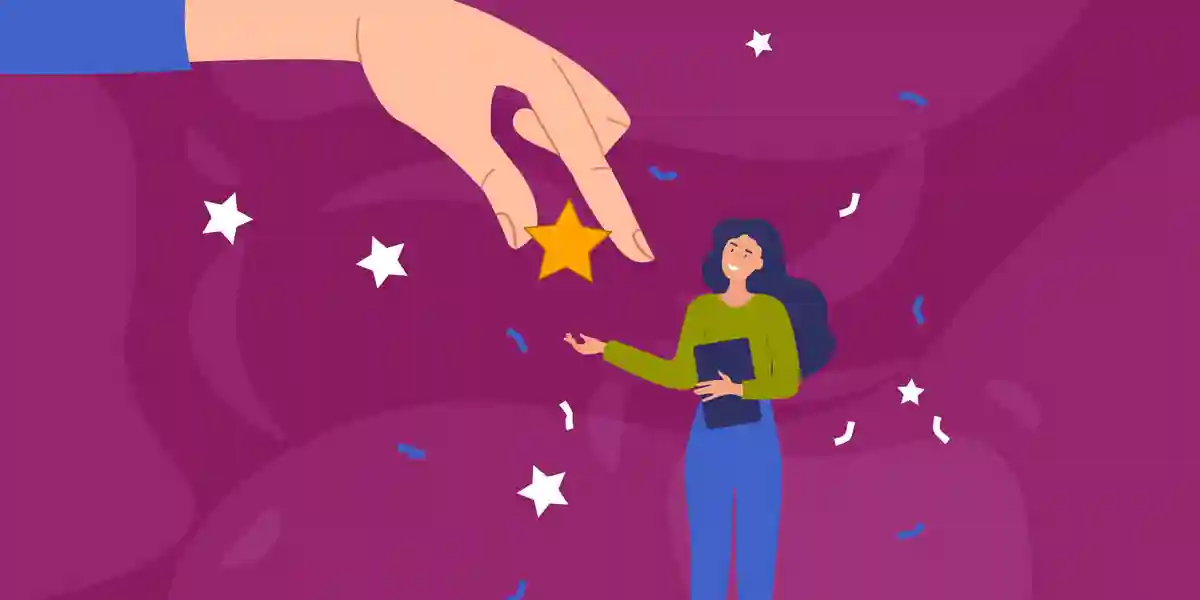 illustration of a giant hand giving a star to a woman business professional, a metaphor to show that this blog is about how to give effective feedback in the workplace and how to give feedback that is also meaningful