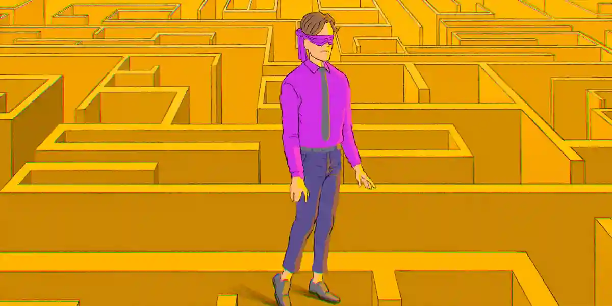 graphic of a man business leader blindfolded and walking (stuck) in a maze to show this blog outlines the five CEO blind spots around talent and what CHROs can do about them