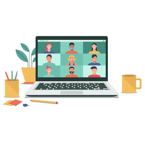 Graphic image of a laptop with 9 people that are part of a team on a virtual call?auto=format&q=75