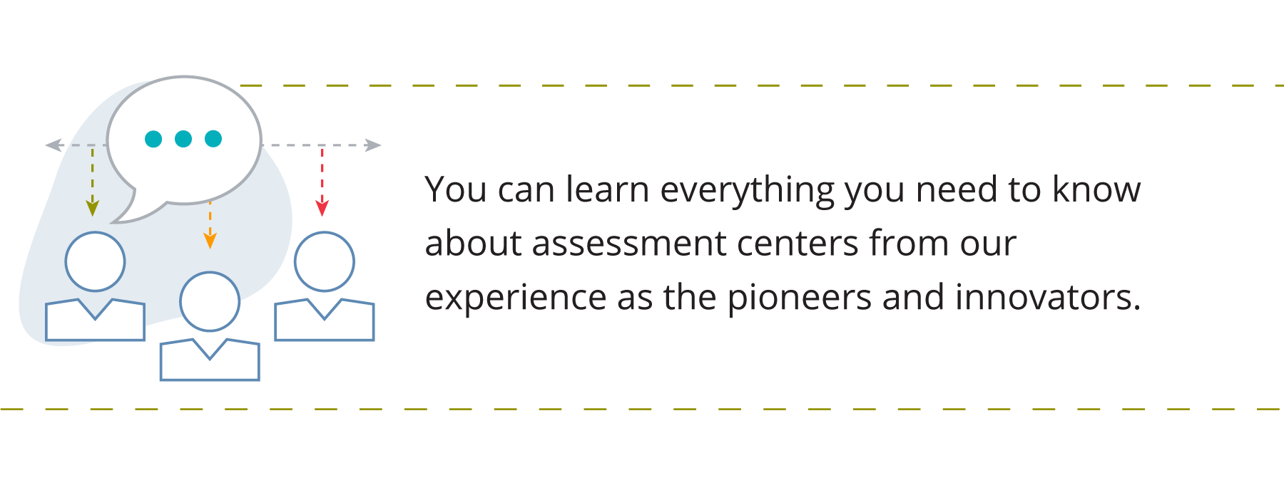 Graphic showing three people, demonstrating experience in an assessment center. Accompanied by text that says 