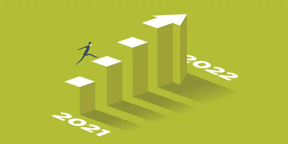 illustration of a leader jumping up a 3D bar graph trending upward to show this blog post covers the 3 major HR leadership challenges your team needs to know to thrive in 2022