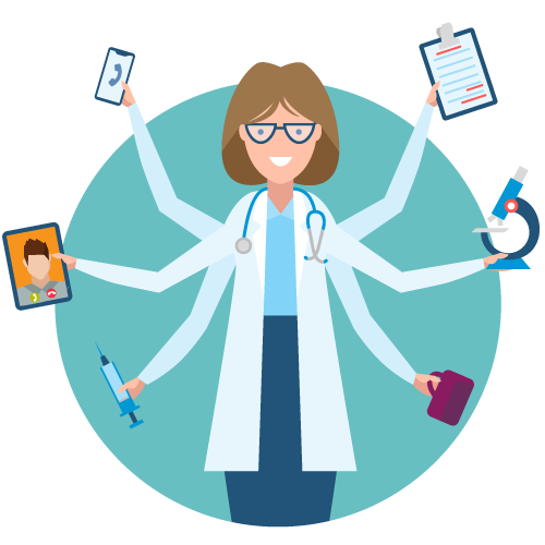 Illustration of a female-presenting medical professional with multiple arms, with each hand holding something to symbolize part of her job in healthcare leadership.?auto=format&q=75