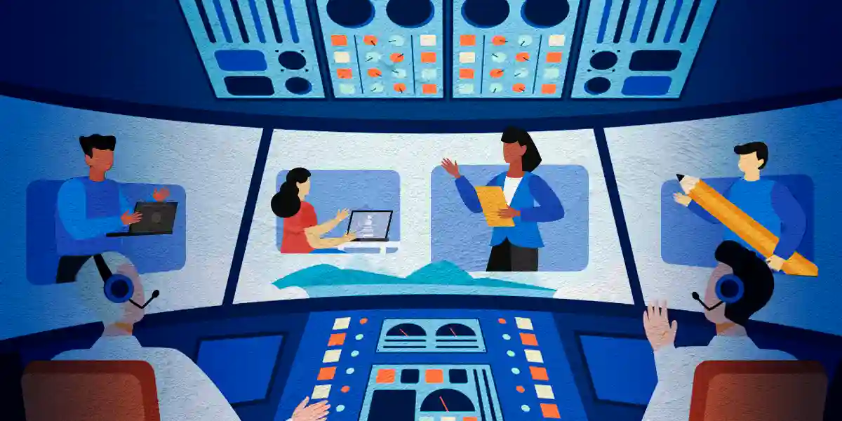 Illustration of an assessment center environment showing evaluators observing participants in simulated leadership exercises, decision-making tasks, and teamwork scenarios.