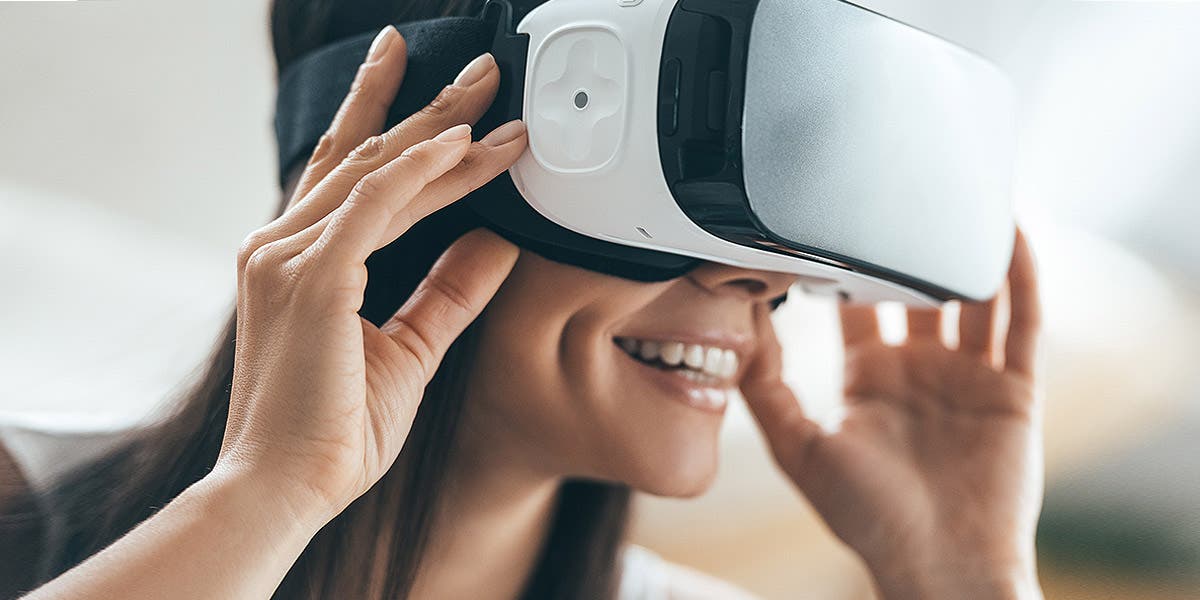 women with headset in a VR learning environment