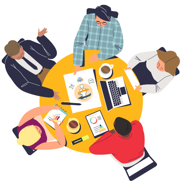 illustration of diverse business professionals sitting around a table discussing the various options for DDI's leadership development subscriptions?auto=format&q=75