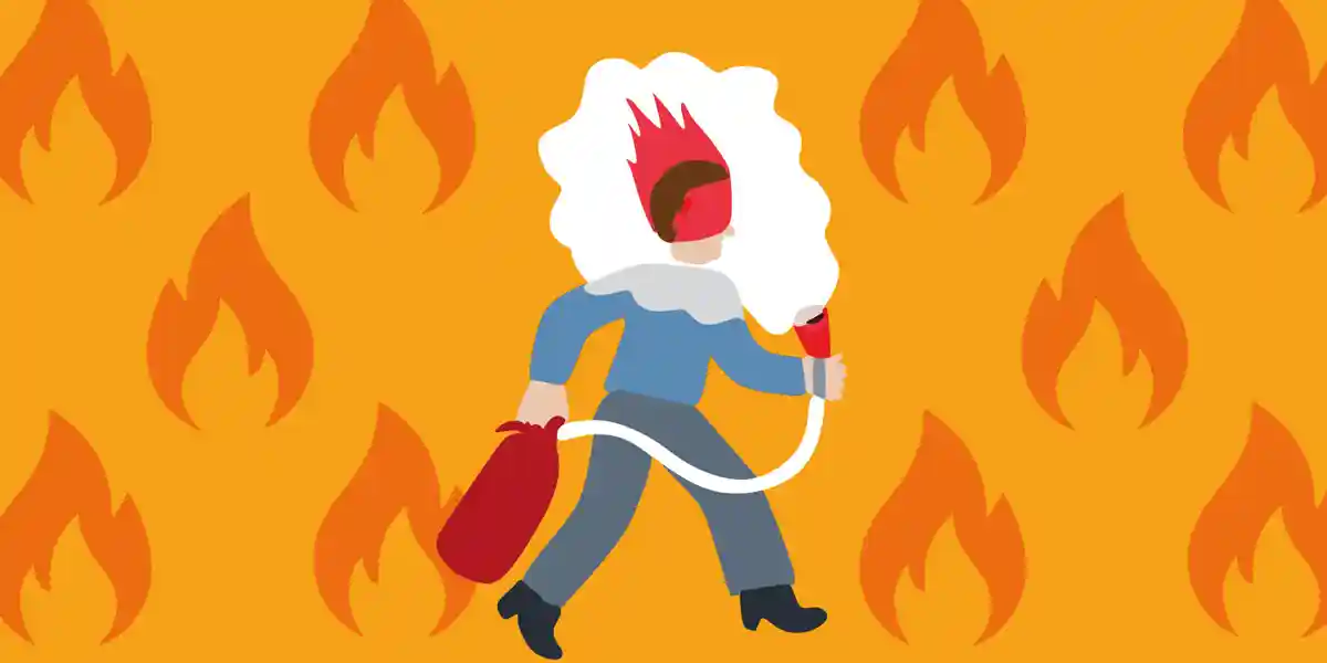 illustration of a male business professional with his head on fire, using a fire extinguisher to help the flames go out to show this blog post is about how leaders can prevent burnout