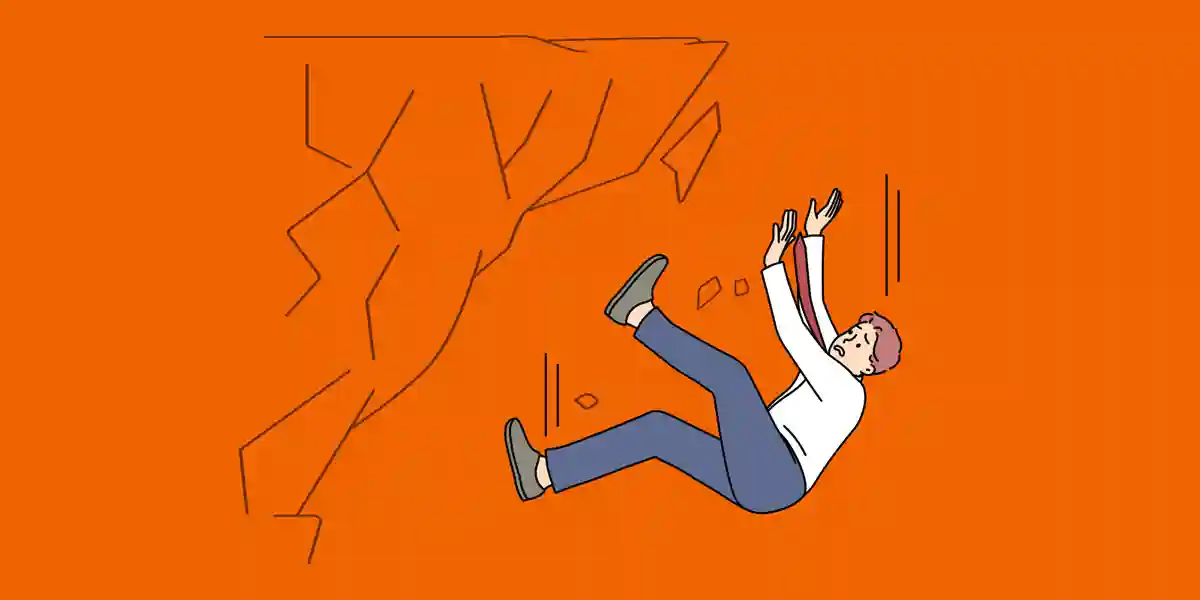 illustration of a man business professional struggling to climb up a vertical cliff to show this blog is about why leadership development fails and why companies are struggling with it