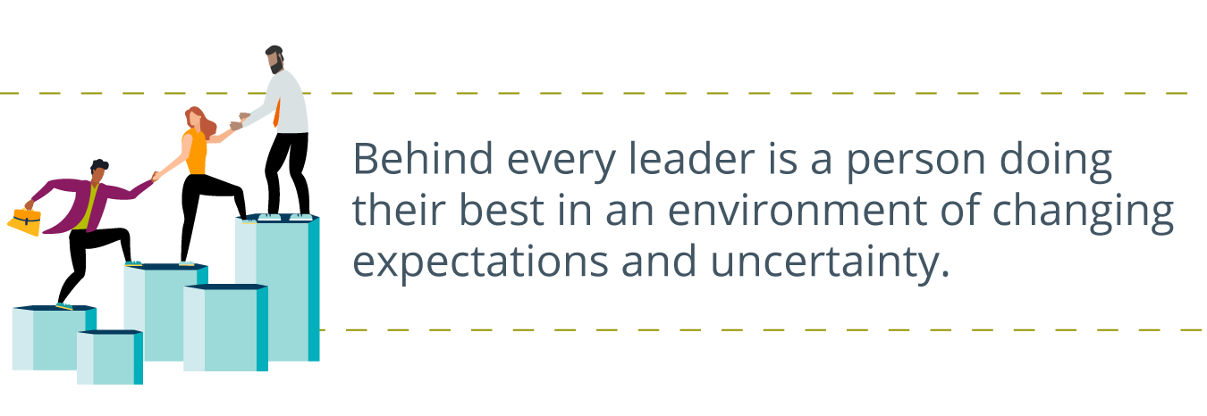 business professionals working together to climb up a precarious stairway, to the right written is: Behind every leader is a person doing their best in an environment of changing expectations and uncertainty.