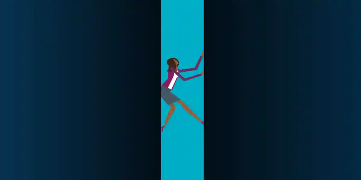 illustration of woman business leader trying to push her way out of a gap that she is in to show that this blog is about the looming leadership skills gap shown in DDI's latest research