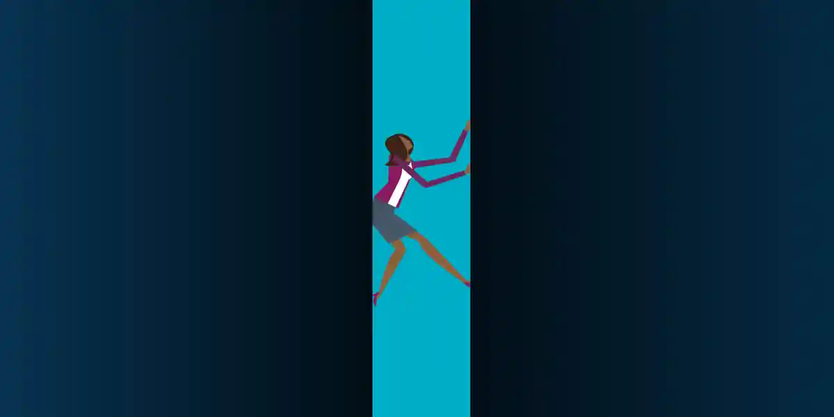 illustration of woman business leader trying to push her way out of a gap that she is in to show that this blog is about the looming leadership skills gap shown in DDI's latest research