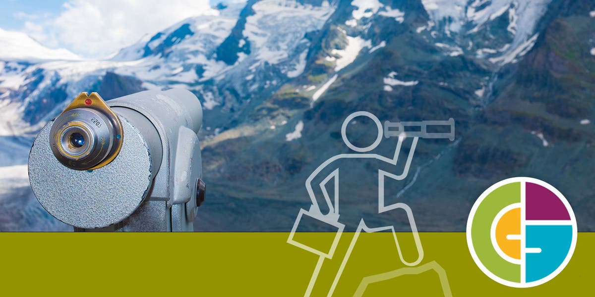 a telescope looking off into the distance of a tall mountain, a metaphor for the new research in DDI's CEO Leadership Report 2021, which is helpful to CEOs, CHROs, and boards to navigate the challenging talent market of today