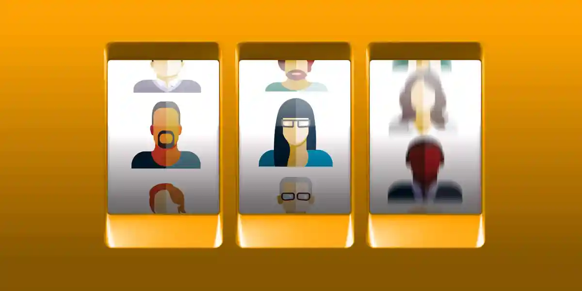 an animated slot machine zoomed in on animated people shown as the icons to symbolize leaving leadership training to chance