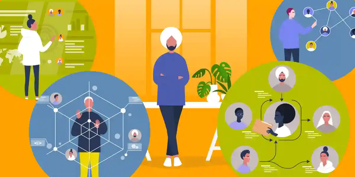 illustrations of five bubbles with images representing the five CEO leadership personas discussed in this blog: for example, the Talent Architect CEO persona includes a leader connecting people's faces in a grid to symbolize how this role works to leverage talent to strengthen the organization