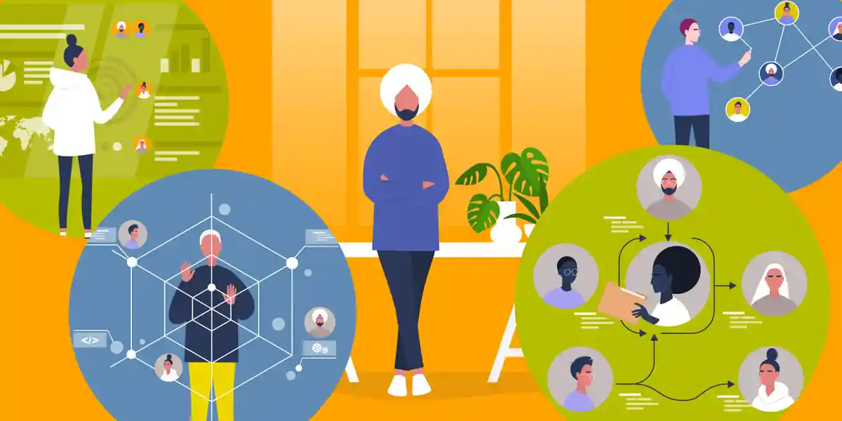 illustrations of five bubbles with images representing the five CEO leadership personas discussed in this blog: for example, the Talent Architect CEO persona includes a leader connecting people's faces in a grid to symbolize how this role works to leverage talent to strengthen the organization