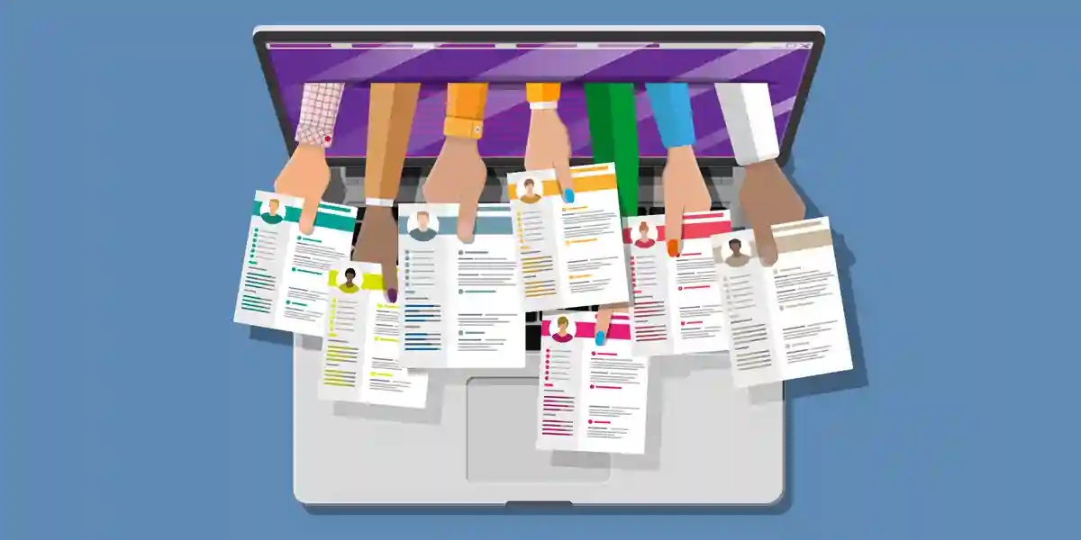 illustration of several diverse arms, handing out resumes through a laptop screen to show that this blog is about working with an executive search firm