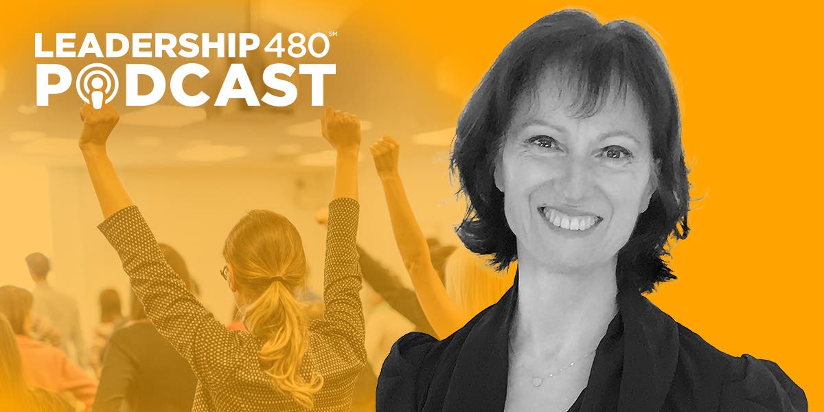 headshot of Laurence Pintenat with a professional woman in the background with her hands up to show that this podcast episode is about empowerment vs. micromanagement 