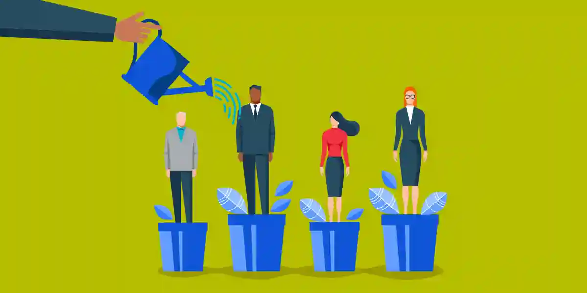 illustration of four leaders, each in a pot with a plant coming out,  with one leader being watered by a business coach to show that this blog is about coaching competencies for managers