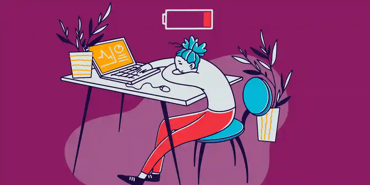 animated image of a woman working on her laptop, looking deflated, showing this blog is about signs of low employee engagement