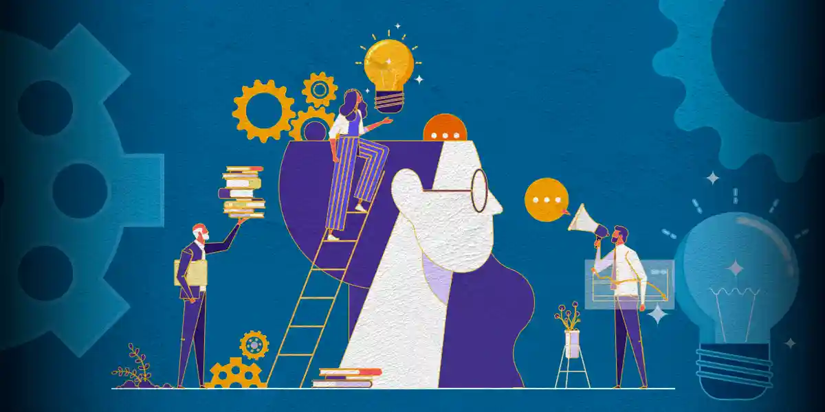 Illustration of a head with people adding books, gears, and lightbulbs, symbolizing how to use assessment for development through learning, ideas, and teamwork.
