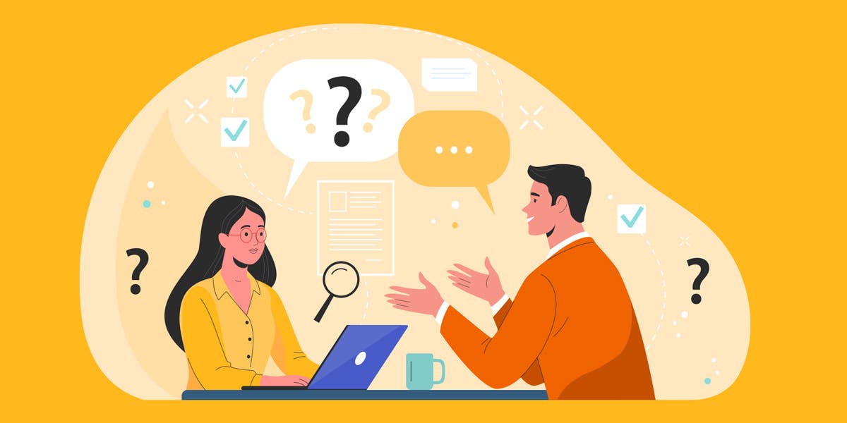illustration of a woman interviewer sitting behind a computer interviewing a male interviewee with question marks in the air above them to show this blog is about understanding great behavioral interviewing questions, and answering: why use behavioral interview questions 
