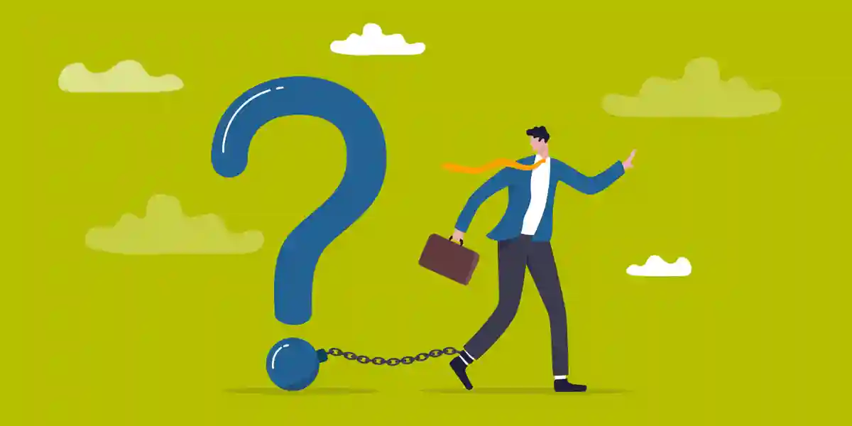 illustration of a giant question mark with a man business leader chained to the question mark to show this blog is about mistakes boards make with c-suite leadership development