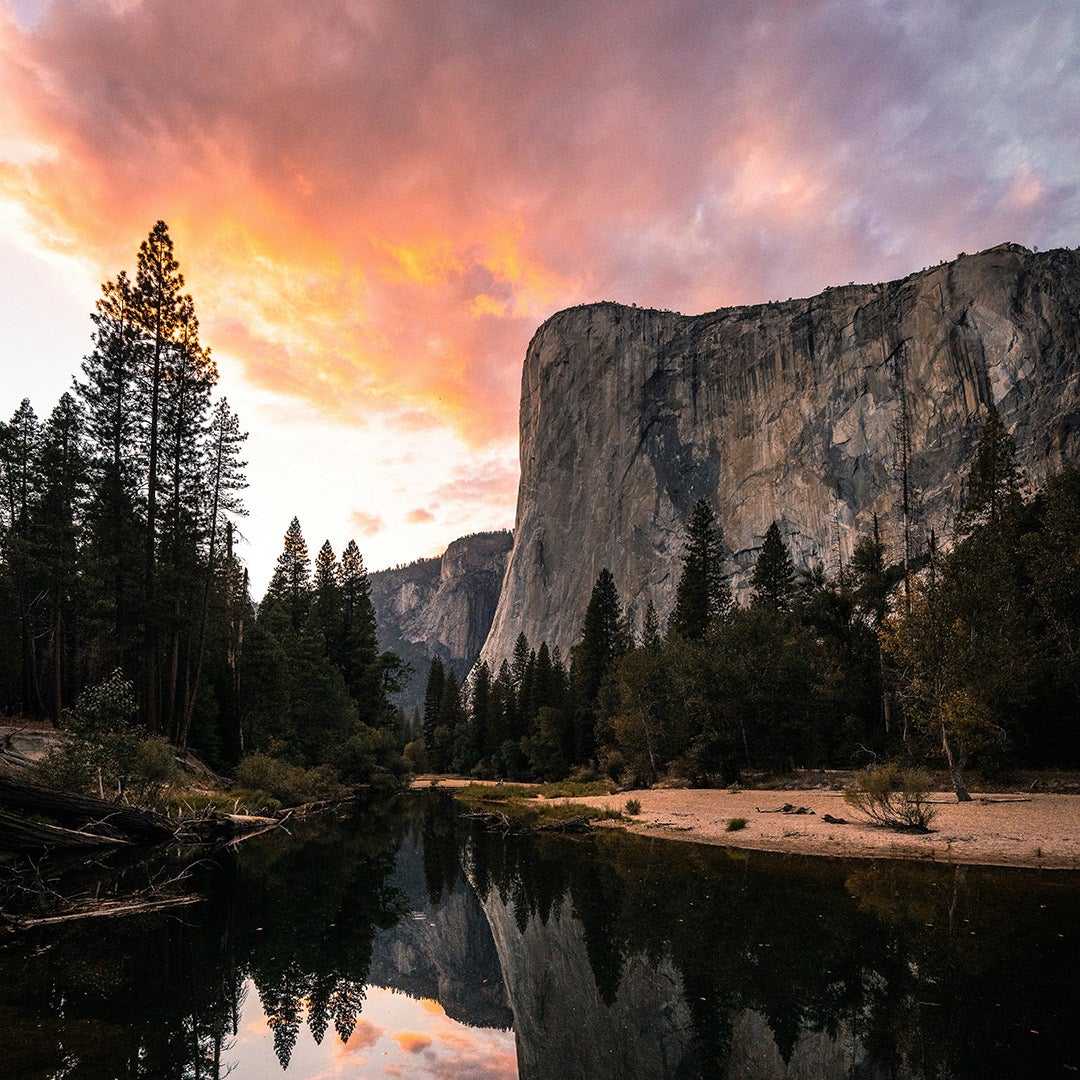 The sun sets over a pristine nature scene, featuring trees, water, rocks, and rainbow cloud, representing the four pathways of XPRIZE Carbon Removal teams.